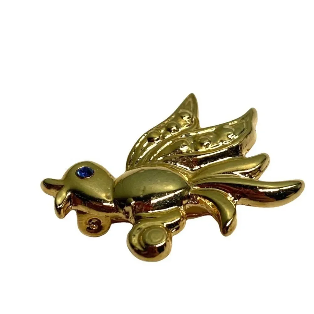 Vintage Chick Bird Brooch Pin in Gold Tone with Blue Rhinestone